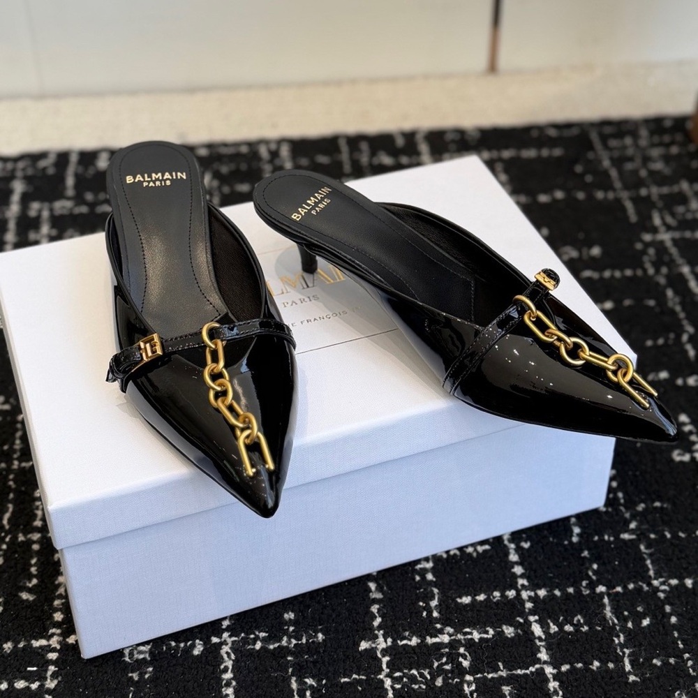 ✨ Women's Balmain Kitten Heel Mules | Black Patent Leather Gold Chain